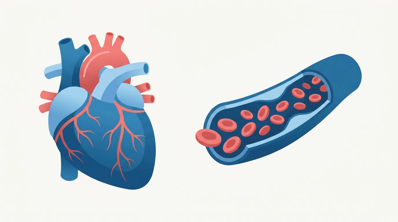 Educational illustration of a healthy heart and blood vessel with flowing blood cells