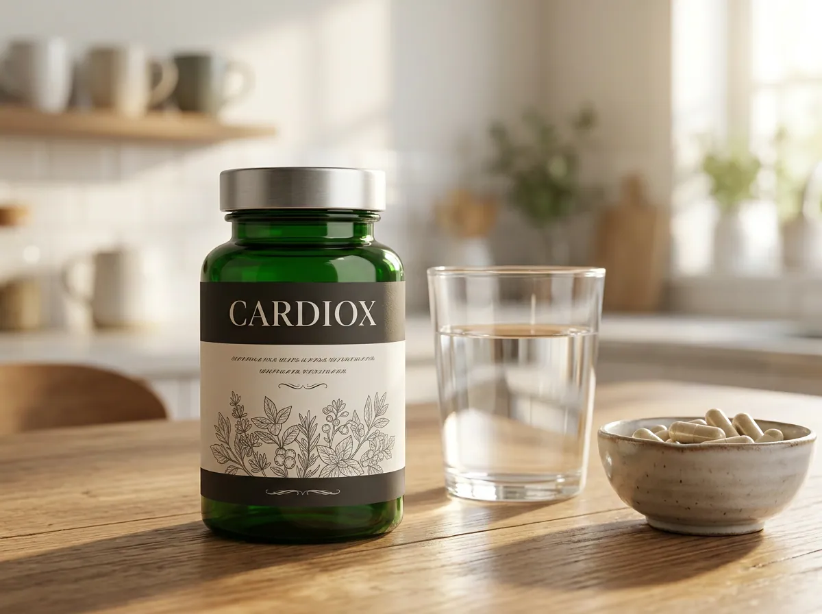 CardioX food supplement bottle on a kitchen table with a glass of water and fresh herbs